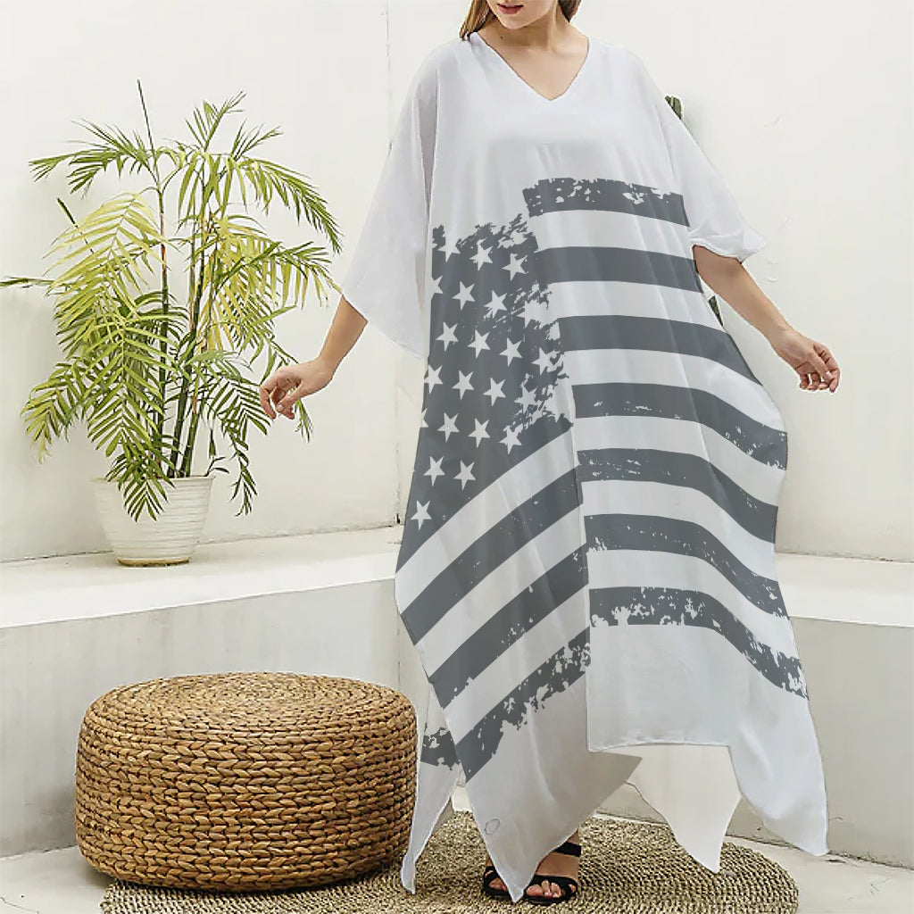 Grey Grunge American Flag Print Silk V-Neck Kaftan Dress