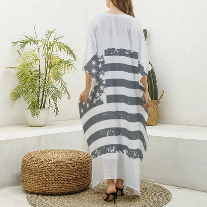 Grey Grunge American Flag Print Silk V-Neck Kaftan Dress