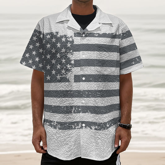 Grey Grunge American Flag Print Textured Short Sleeve Shirt