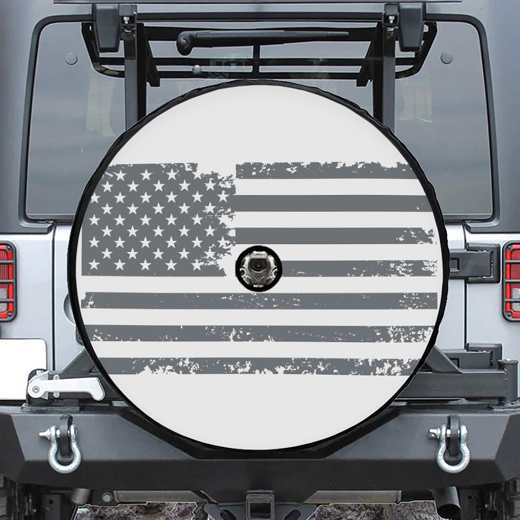Grey Grunge American Flag Print Tire Cover With Camera Hole