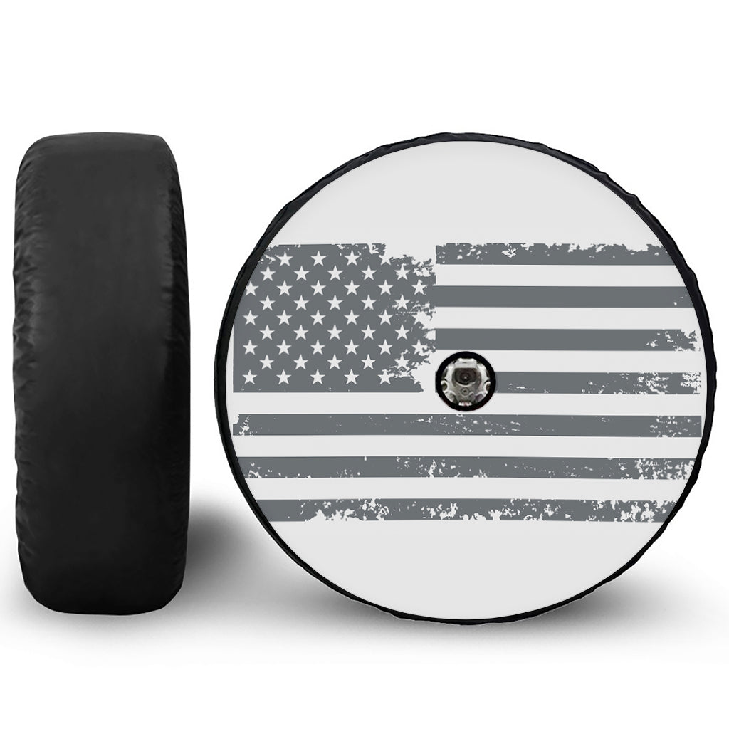 Grey Grunge American Flag Print Tire Cover With Camera Hole