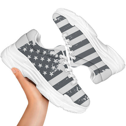 Grey Grunge American Flag Print White Chunky Shoes