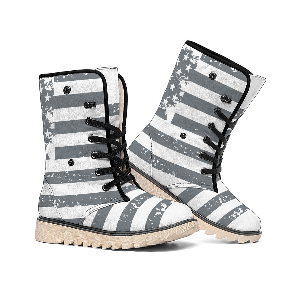 Grey Grunge American Flag Print Winter Boots