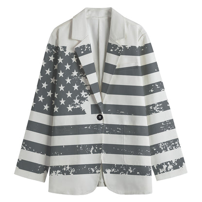 Grey Grunge American Flag Print Women's Blazer
