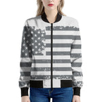 Grey Grunge American Flag Print Women's Bomber Jacket