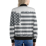 Grey Grunge American Flag Print Women's Bomber Jacket