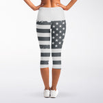 Grey Grunge American Flag Print Women's Capri Leggings