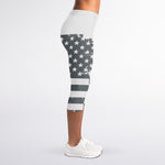 Grey Grunge American Flag Print Women's Capri Leggings