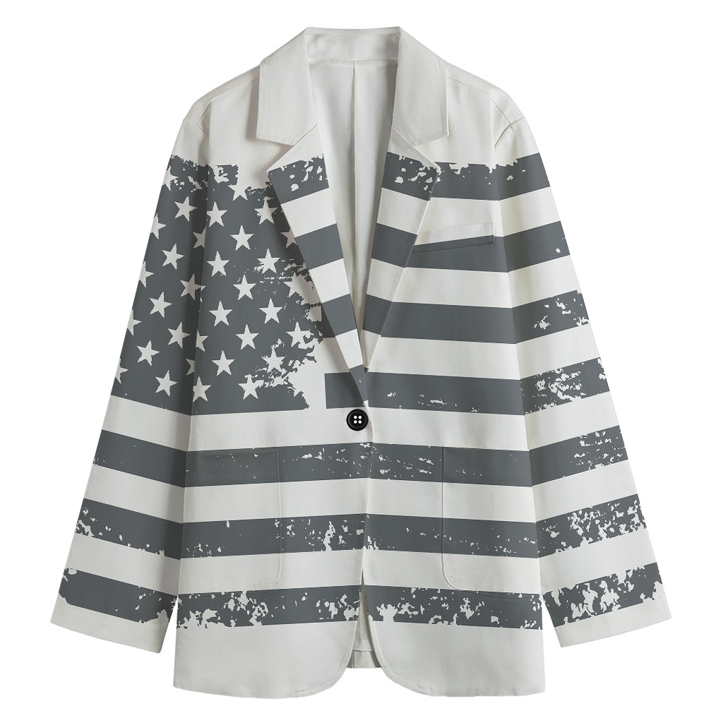 Grey Grunge American Flag Print Women's Cotton Blazer