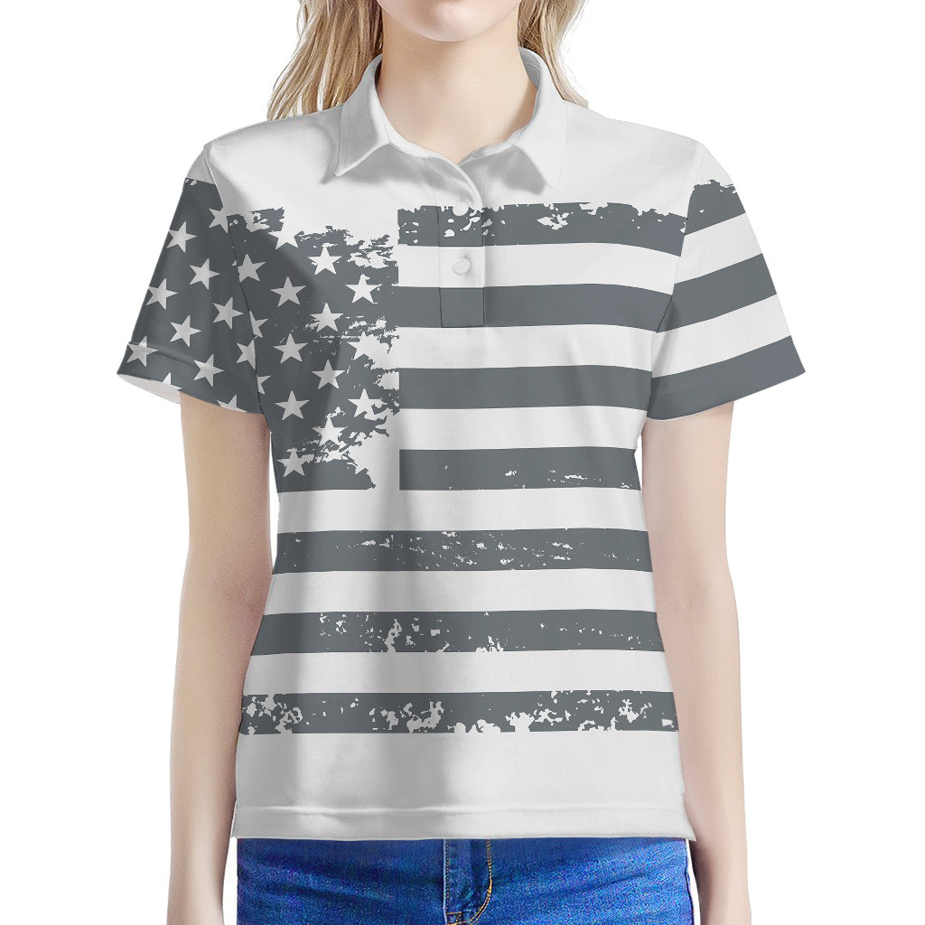 Grey Grunge American Flag Print Women's Polo Shirt