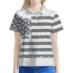 Grey Grunge American Flag Print Women's Polo Shirt