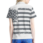 Grey Grunge American Flag Print Women's Polo Shirt