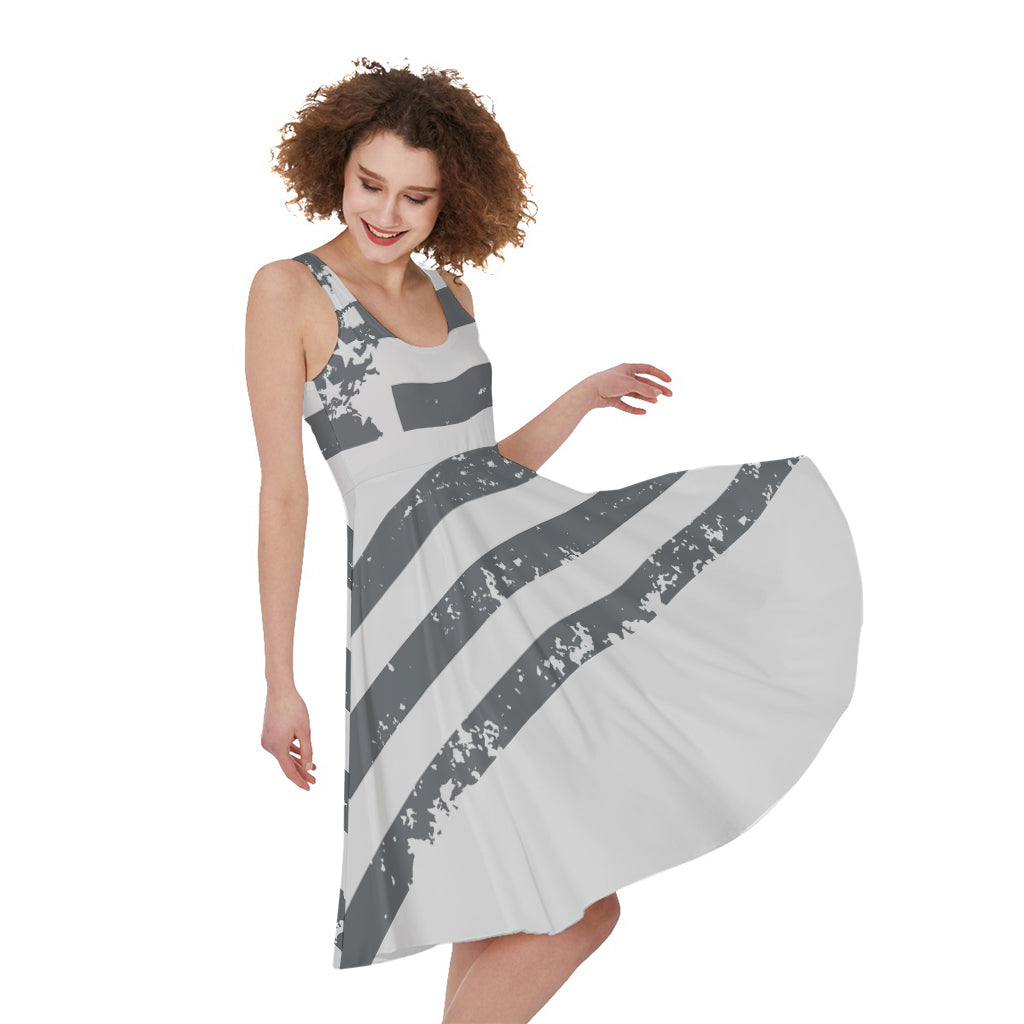 Grey Grunge American Flag Print Women's Sleeveless Dress