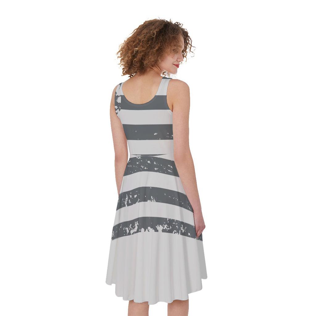 Grey Grunge American Flag Print Women's Sleeveless Dress