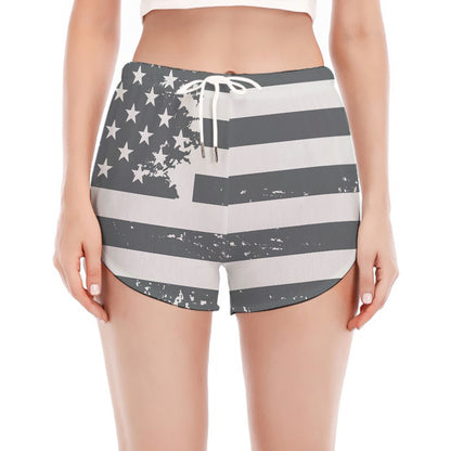 Grey Grunge American Flag Print Women's Split Running Shorts