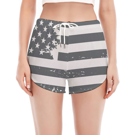 Grey Grunge American Flag Print Women's Split Running Shorts