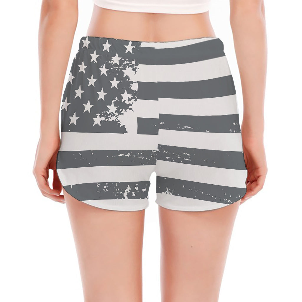 Grey Grunge American Flag Print Women's Split Running Shorts