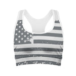 Grey Grunge American Flag Print Women's Sports Bra