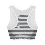 Grey Grunge American Flag Print Women's Sports Bra