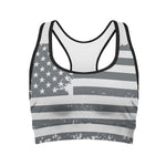 Grey Grunge American Flag Print Women's Sports Bra