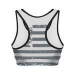 Grey Grunge American Flag Print Women's Sports Bra