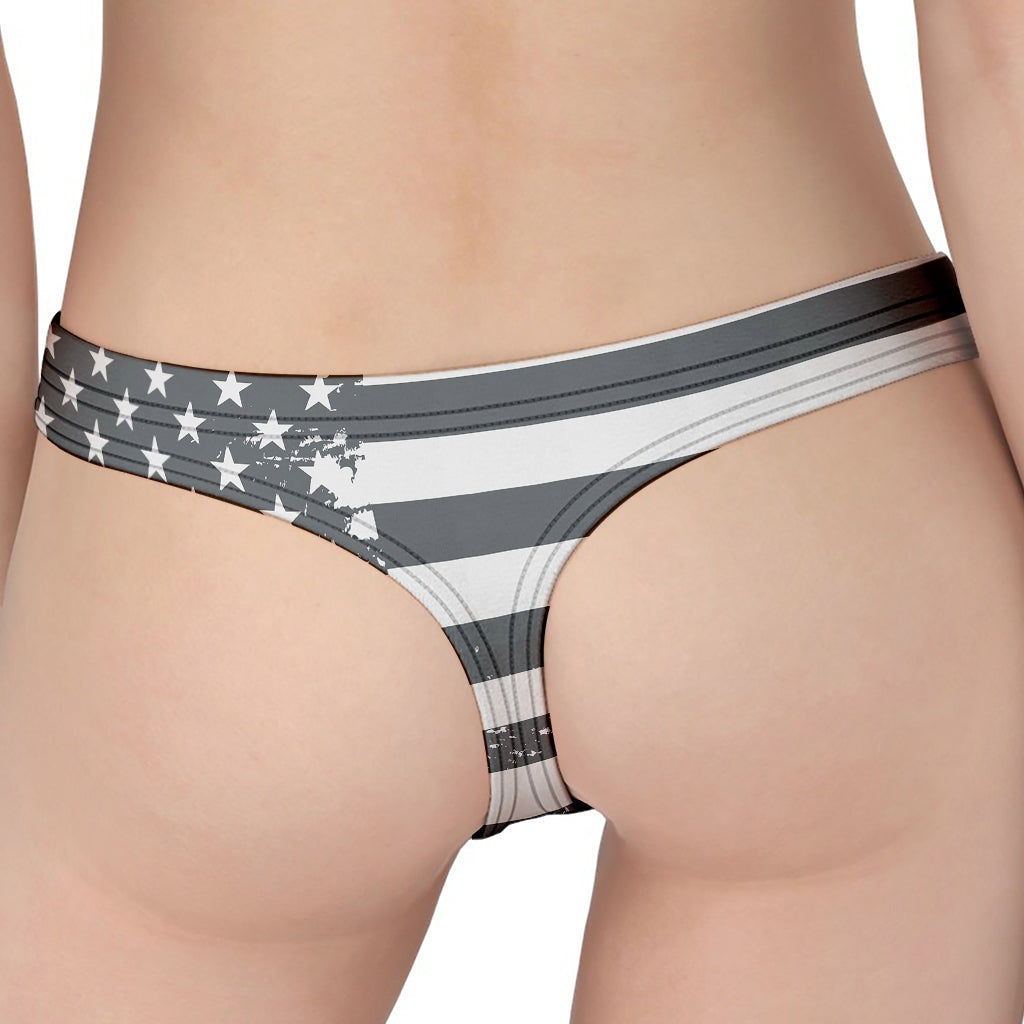 Grey Grunge American Flag Print Women's Thong
