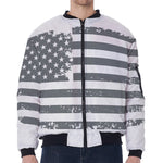 Grey Grunge American Flag Print Zip Sleeve Bomber Jacket