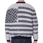 Grey Grunge American Flag Print Zip Sleeve Bomber Jacket