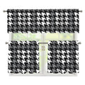 Grey Houndstooth Pattern Print 3 Piece Kitchen Curtains