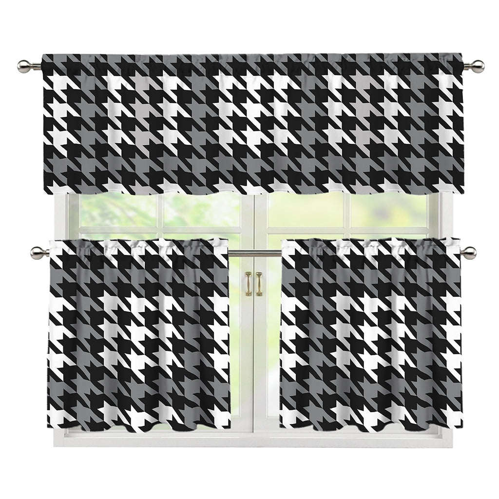 Grey Houndstooth Pattern Print 3 Piece Kitchen Curtains