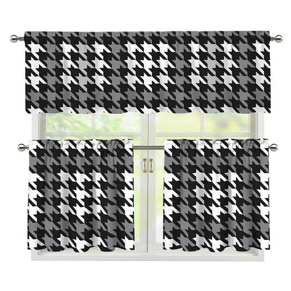Grey Houndstooth Pattern Print 3 Piece Kitchen Curtains