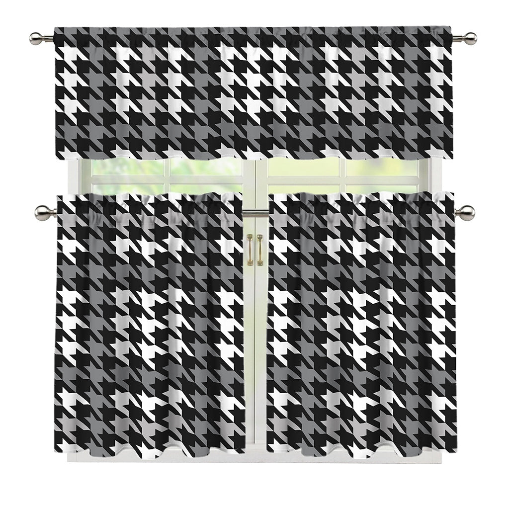 Grey Houndstooth Pattern Print 3 Piece Kitchen Curtains