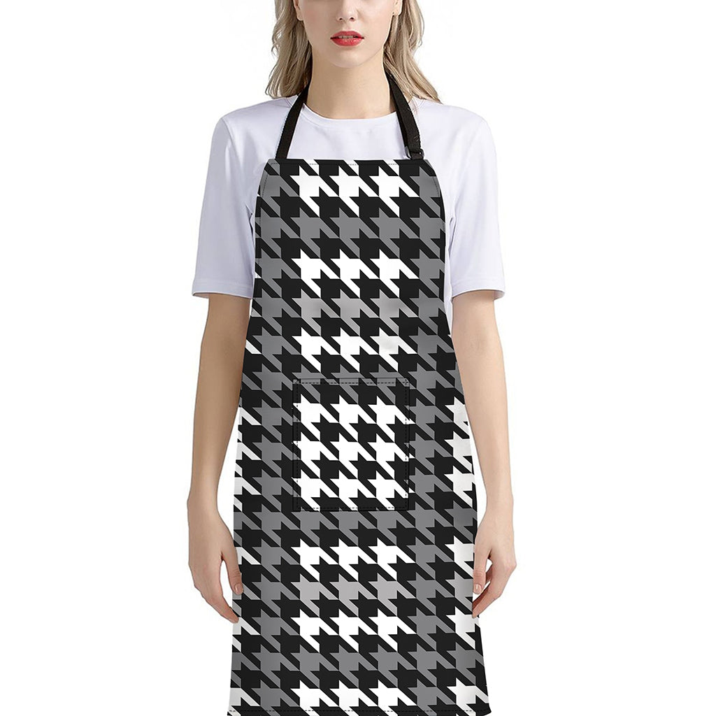Grey Houndstooth Pattern Print Bib Apron With Pocket