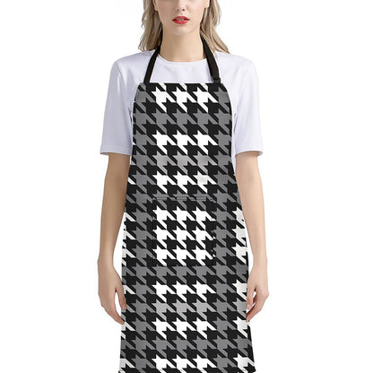 Grey Houndstooth Pattern Print Bib Apron With Pocket