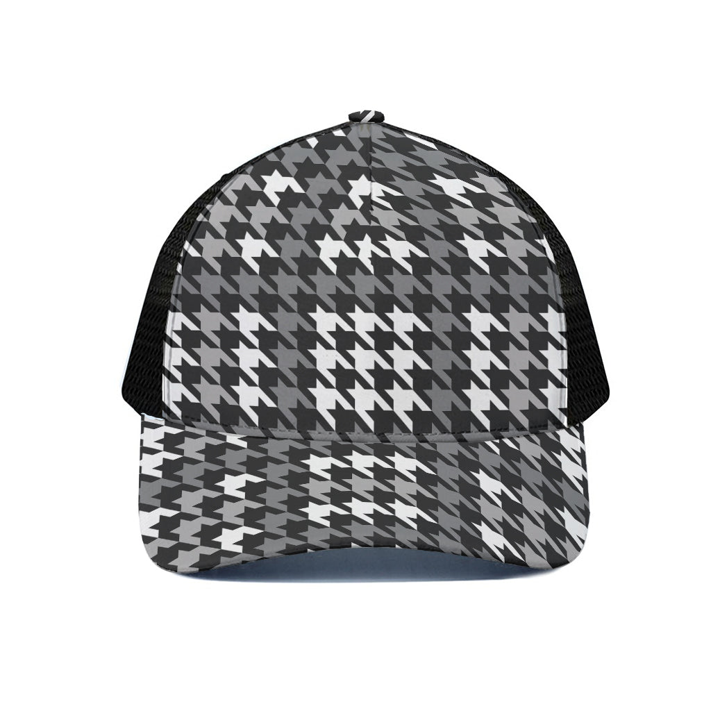 Grey Houndstooth Pattern Print Black Mesh Trucker Cap