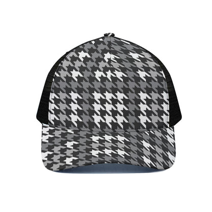 Grey Houndstooth Pattern Print Black Mesh Trucker Cap