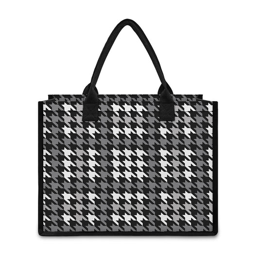 Grey Houndstooth Pattern Print Canvas Tote Bag