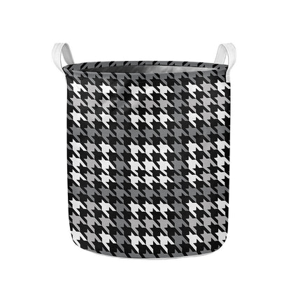 Grey Houndstooth Pattern Print Collapsible Laundry Basket