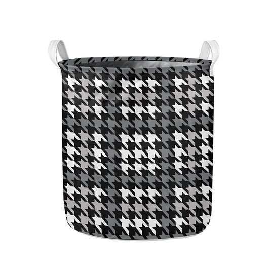 Grey Houndstooth Pattern Print Collapsible Laundry Basket