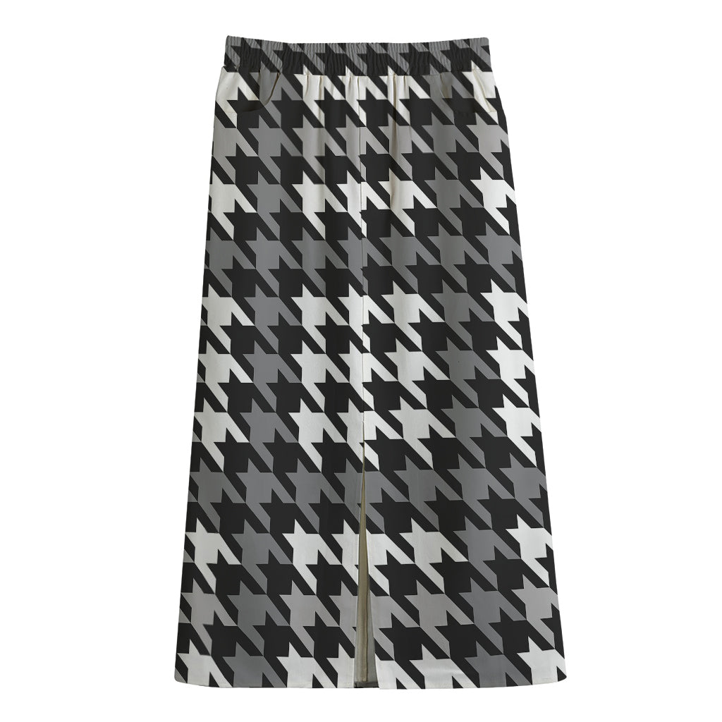Grey Houndstooth Pattern Print Cotton Front Slit Maxi Skirt