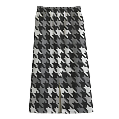 Grey Houndstooth Pattern Print Cotton Front Slit Maxi Skirt