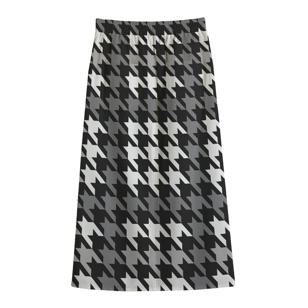 Grey Houndstooth Pattern Print Cotton Front Slit Maxi Skirt