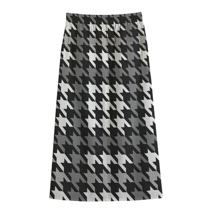 Grey Houndstooth Pattern Print Cotton Front Slit Maxi Skirt