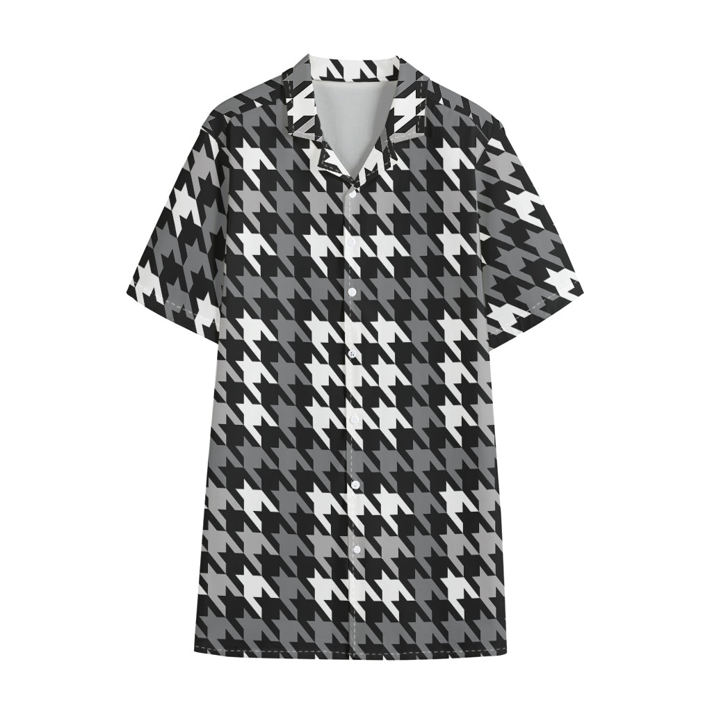 Grey Houndstooth Pattern Print Cotton Hawaiian Shirt