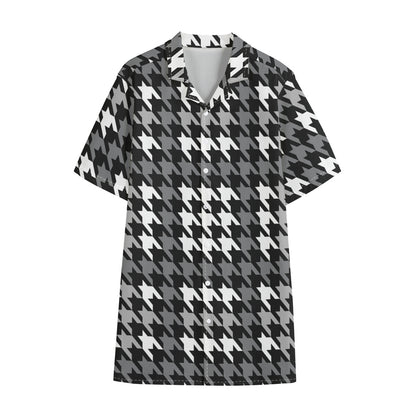 Grey Houndstooth Pattern Print Cotton Hawaiian Shirt