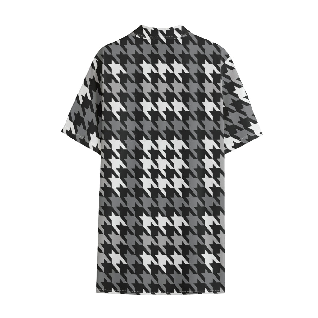 Grey Houndstooth Pattern Print Cotton Hawaiian Shirt