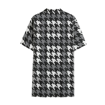 Grey Houndstooth Pattern Print Cotton Hawaiian Shirt