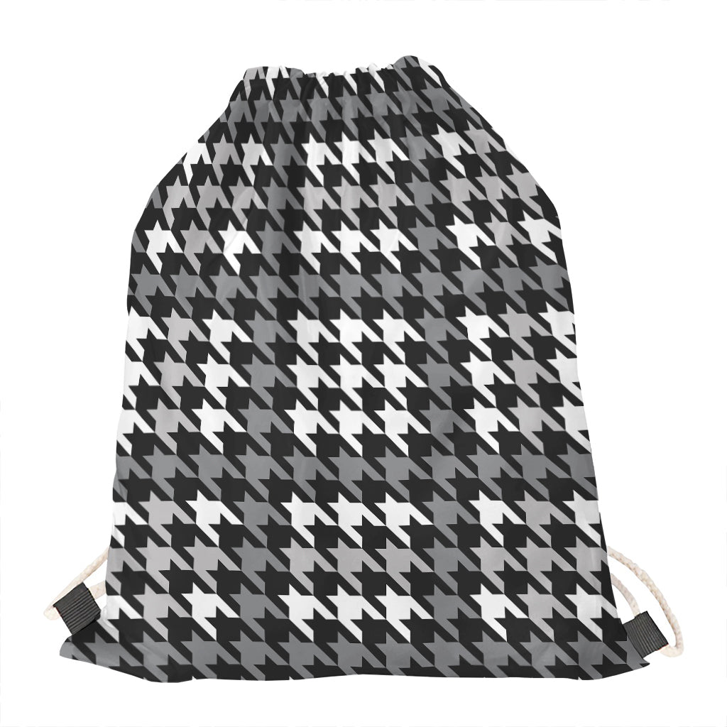 Grey Houndstooth Pattern Print Drawstring Bag