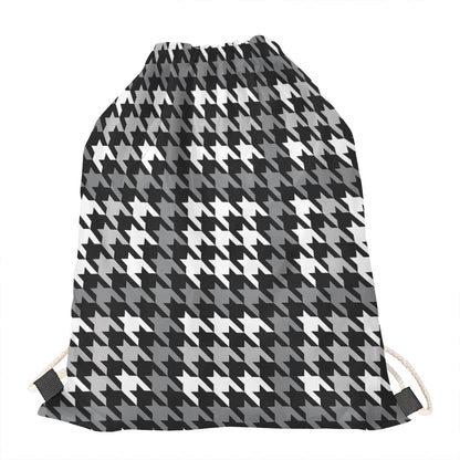 Grey Houndstooth Pattern Print Drawstring Bag