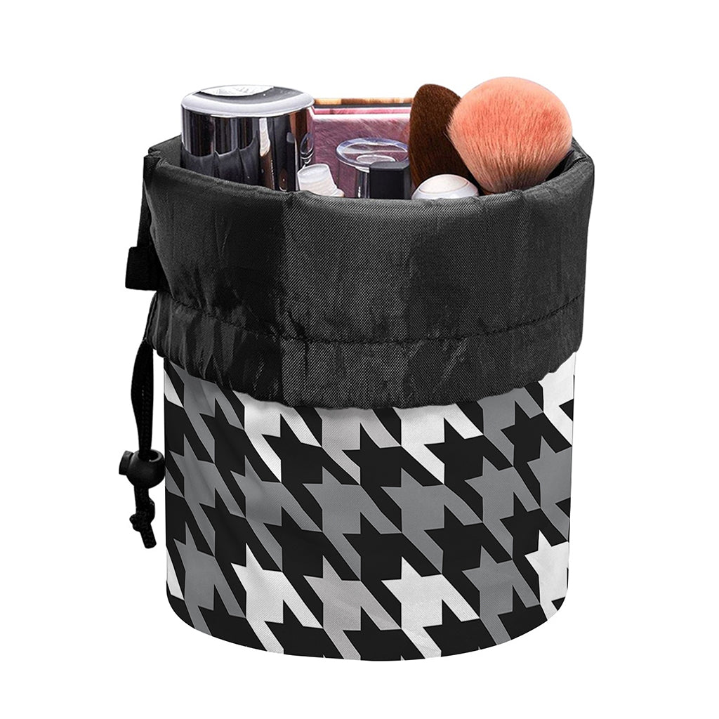 Grey Houndstooth Pattern Print Drawstring Makeup Bag